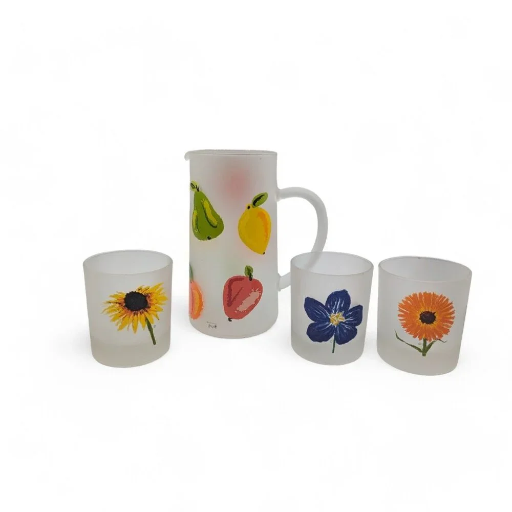 Dartington Spring Time Flowers Frosted Rocks Glass Pitcher & 3 Cups France
